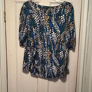 Alfani Women's Blue and Gold Patterned Blouse